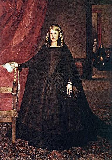 The sitter is Margaret of Spain, first wife of Leopold I, Holy Roman Emperor, wearing mourning dress for her father, Philip IV of Spain, with children, Juan Bautista del Mazo
